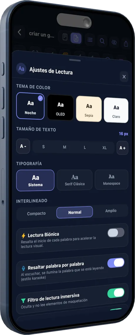 Ajustes de lectura: temas, tipografía y lectura biónica