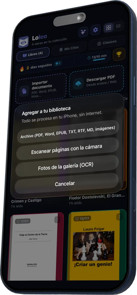 Importar documentos, escanear con la cámara o elegir fotos